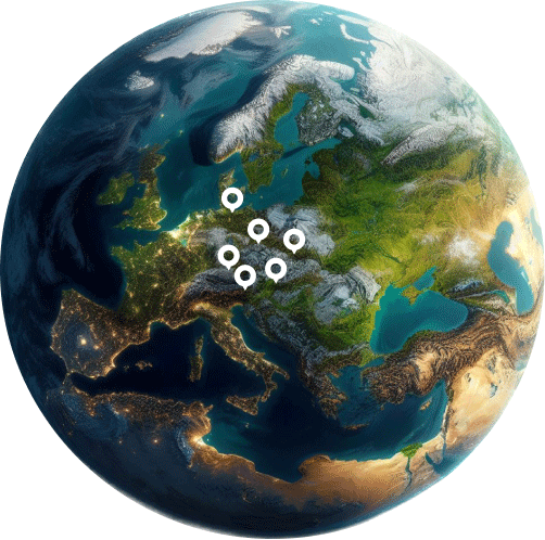 Weltkarte mit Fokus auf Europa: Unsere Standorte in Österreich, Deutschland, Tschechien, Ungarn, Slowakei