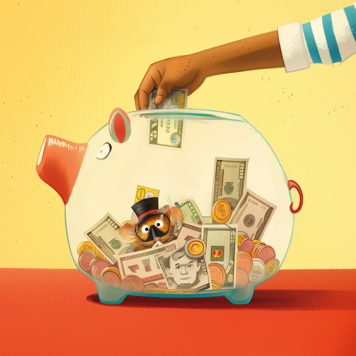 Ein Kind spart Geld in einem durchsichtigen Sparschwein, um den Fortschritt im Laufe der Zeit zu visualisieren.