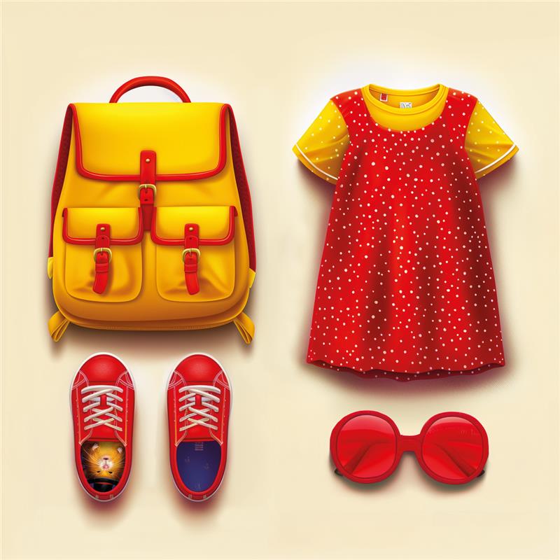 Kinderoutfit mit Rucksack, Kleid, Schuhen und Sonnenbrille