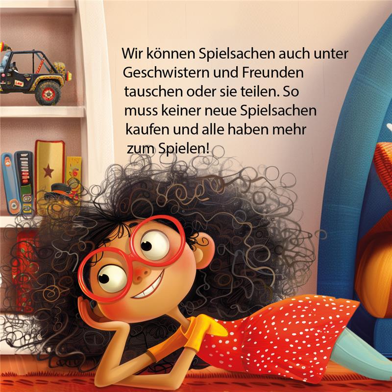 Ein fröhliches Kind mit roter Brille lehnt an einem Regal und lernt spielerisch Sparen.