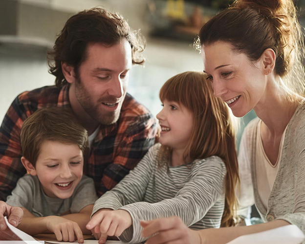Glückliche Familie spricht über Sparen, Budget und finanzielle Zukunft