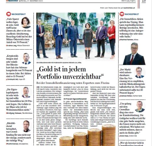OÖN-Geldtag: Experten betonen, dass Gold in jedem Portfolio unverzichtbar ist. 