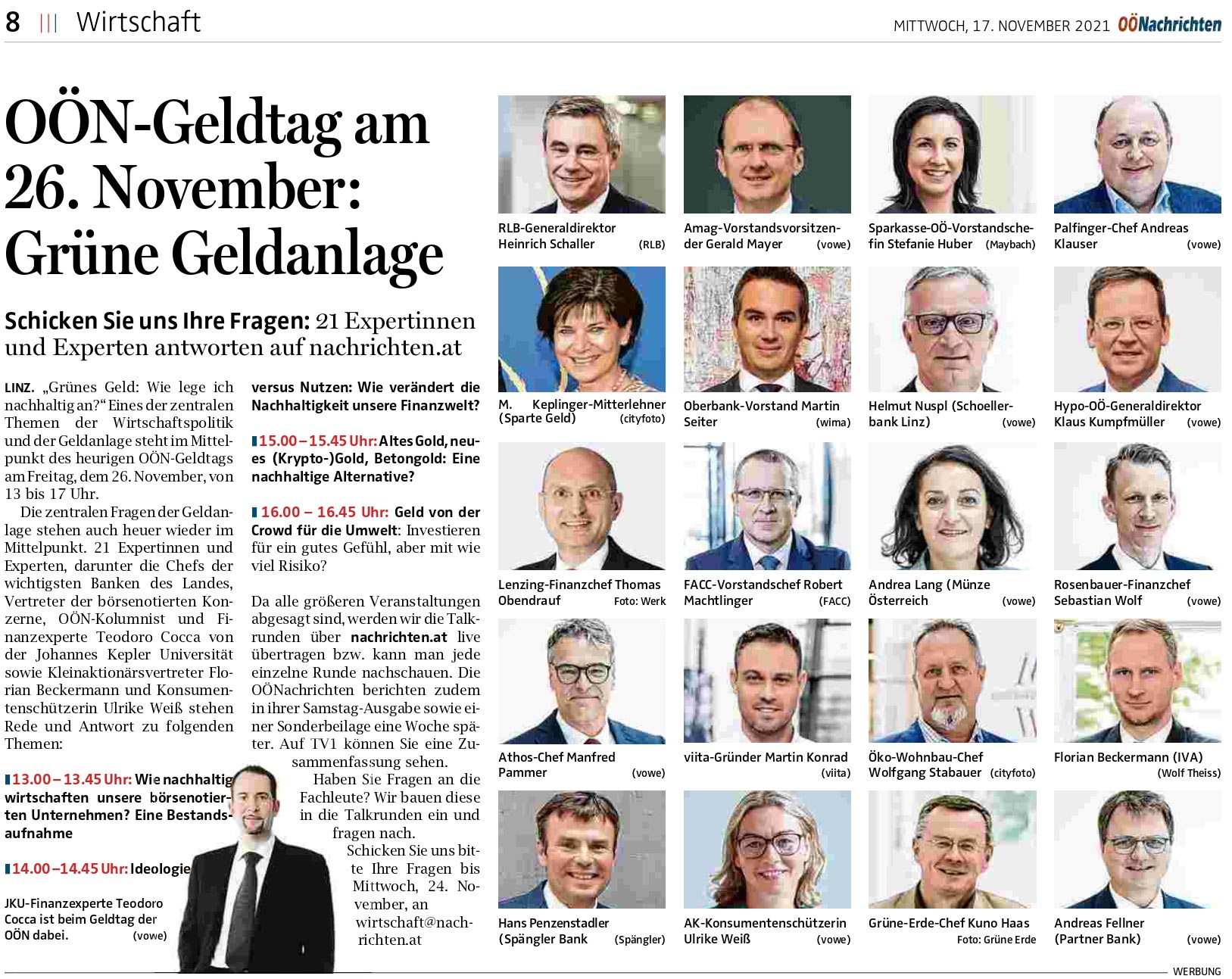 OÖN-Geldtag am 26. November: Diskussion über nachhaltige Geldanlage und grüne Investitionen. 