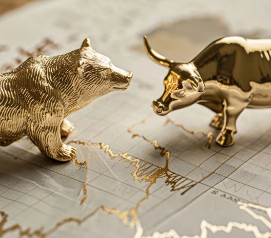 Zwei Bullen, die sich gegenüberstehen und unsere Philosophie ausgewogener und solider Finanzstrategien verdeutlichen 