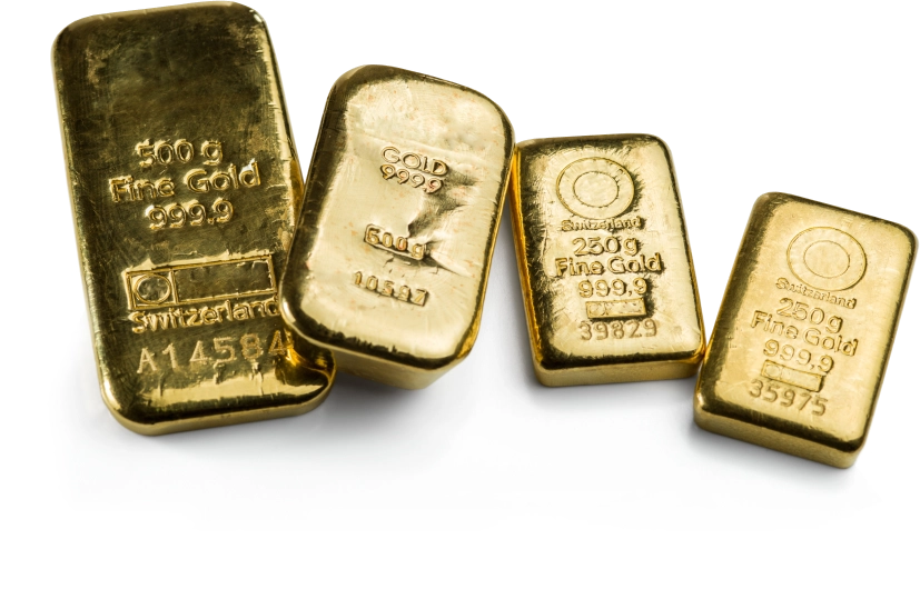 Goldbarren in verschiedenen Größen, die einen Goldsparplan darstellen
