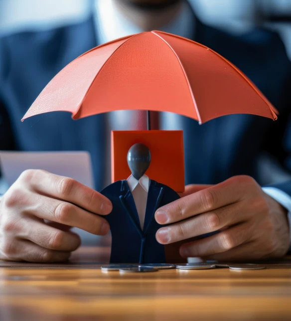 Eine Person, die unter einem schützenden Schirm steht, wobei der Haftungsschirm der Bank für Finanzdienstleister hervorgehoben wird.