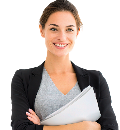 Confident female financial advisor holding documents and smiling