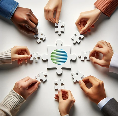 Verschiedene Hände, die ein Puzzle zusammensetzen, als Symbol für Zusammenarbeit und Partnerschaft im Finanzdienstleistungsbereich.