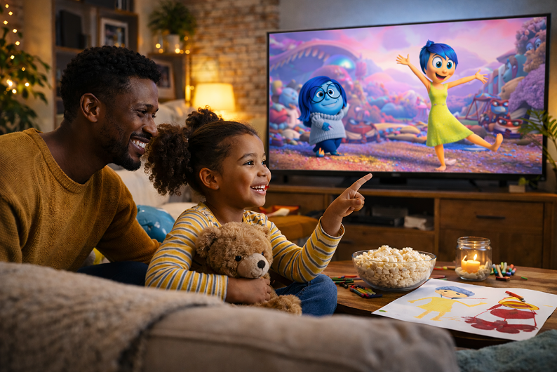 Vater und Tochter schauen gemeinsam Disney und Pixars Alles steht Kopf
