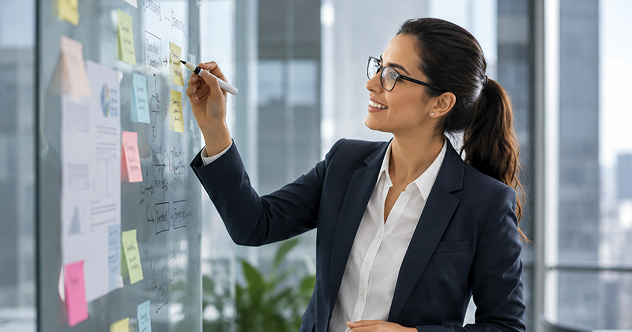 Professional businesswoman organizing financial strategies and goals on a glass board in a modern office environment.