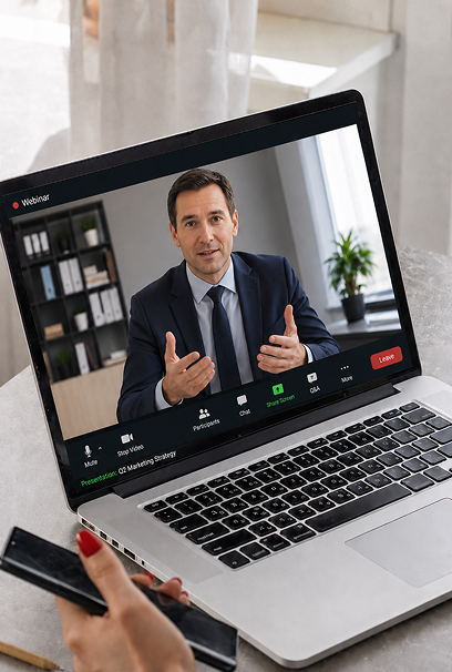 Geschäftsfrau nimmt an einem Finanz-Webinar für Frauen auf einem Laptop teil und hält ein Smartphone in der Hand, während ein Online-Finanzexperte über Investment- und Geldmanagementstrategien spricht.