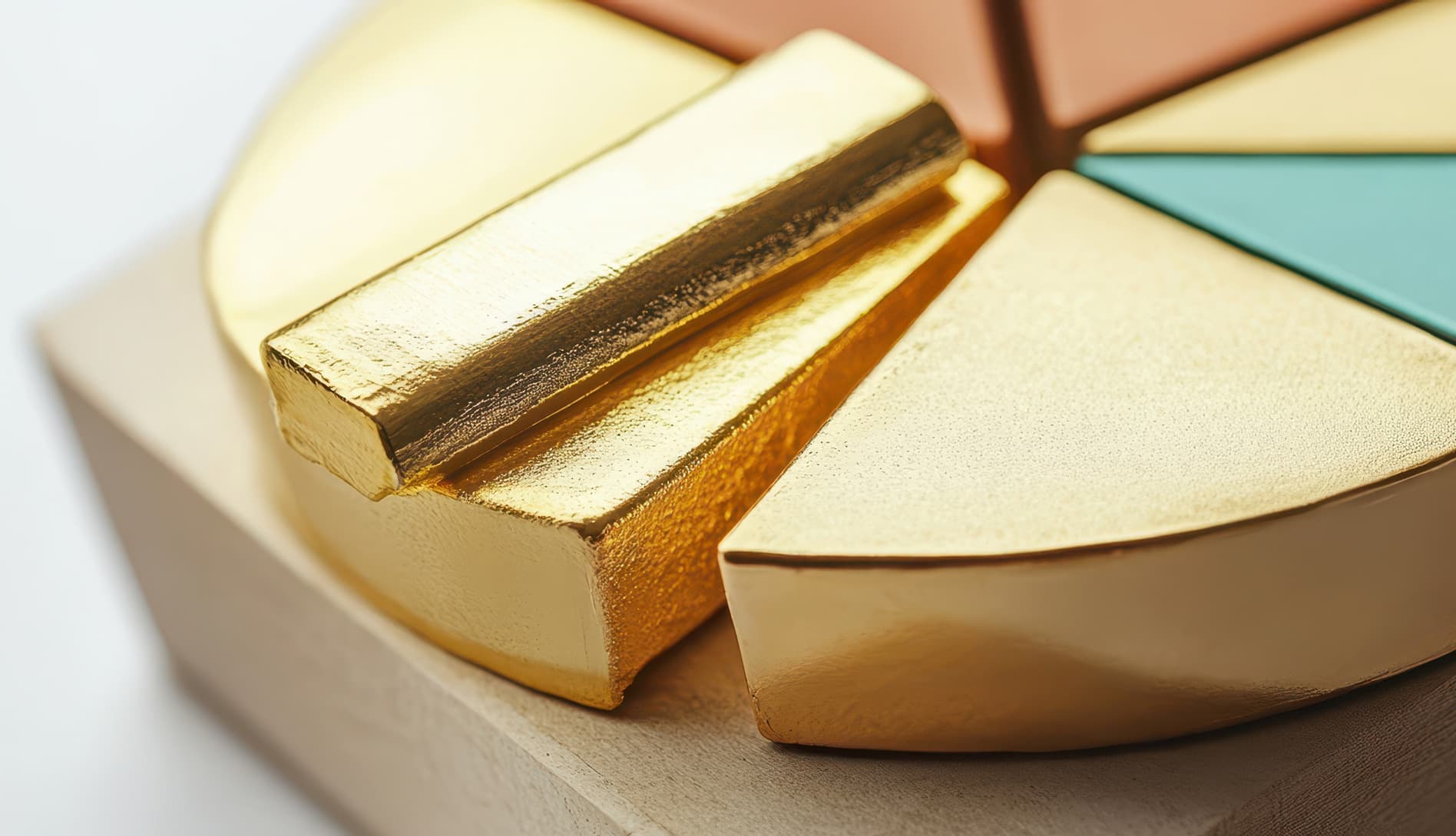 Close-up of gold bars arranged in a pie chart formation, symbolizing how gold supports diversification within a broader investment portfolio.