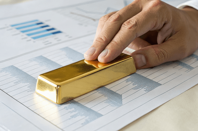Hand placing a gold bar on financial charts, illustrating gold as a portfolio diversifier for risk management and long-term investment.