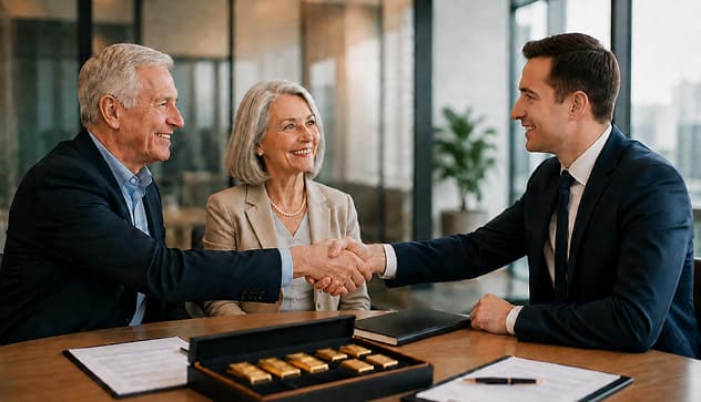 Financial advisor shaking hands with an older couple during a consultation, with gold bars on the table symbolizing trust and the practical appeal of physical gold for buyers.