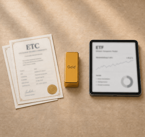 Gold bar placed between an ETC certificate and a tablet displaying a gold ETF performance chart, illustrating the comparison between physical gold, gold ETFs, and gold ETCs for investing.
