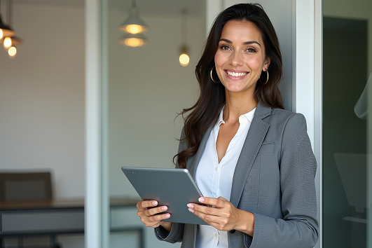 Confident professional woman holding a tablet in a modern office, symbolizing financial independence, wealth building, and why financial freedom matters for women